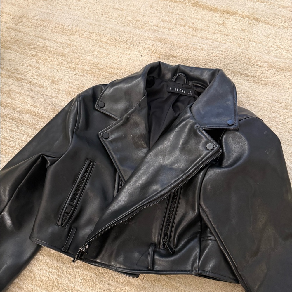 Lioness Black Faux Leather Cropped Moto Jacket